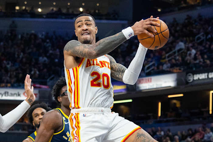 Atlanta Hawks forward John Collins (20) rebounds the ball in the second half against the Indiana Pacers at Gainbridge Fieldhouse.